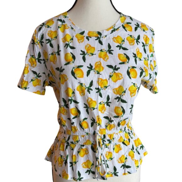 ZARA LEMON PRINT COTTON PEPLUM TOP, SZ.L - Picture 1 of 6